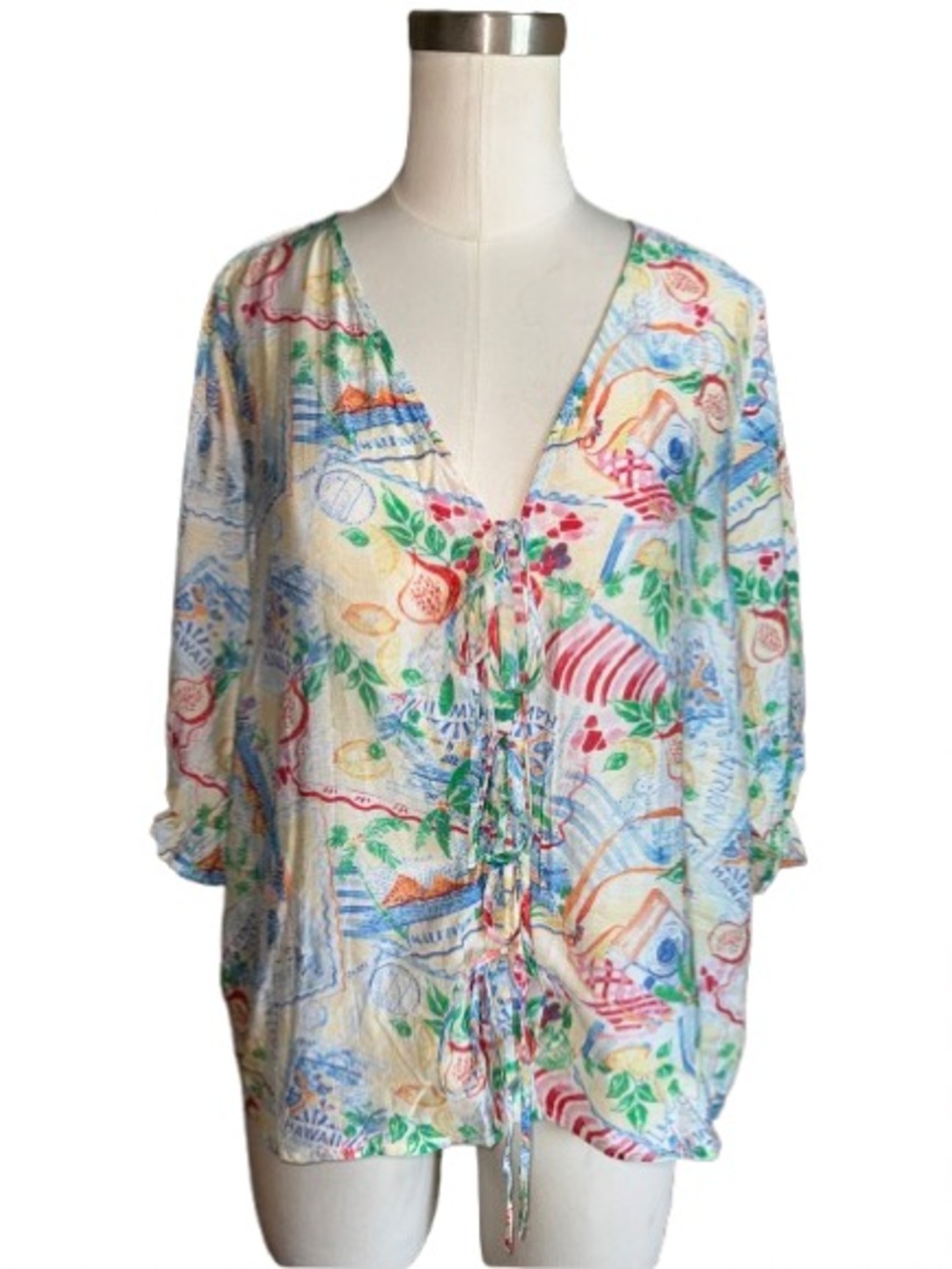 Haver London Travel Print Tie Front Blouse Tropical Vacation Boho Top Women Sz L